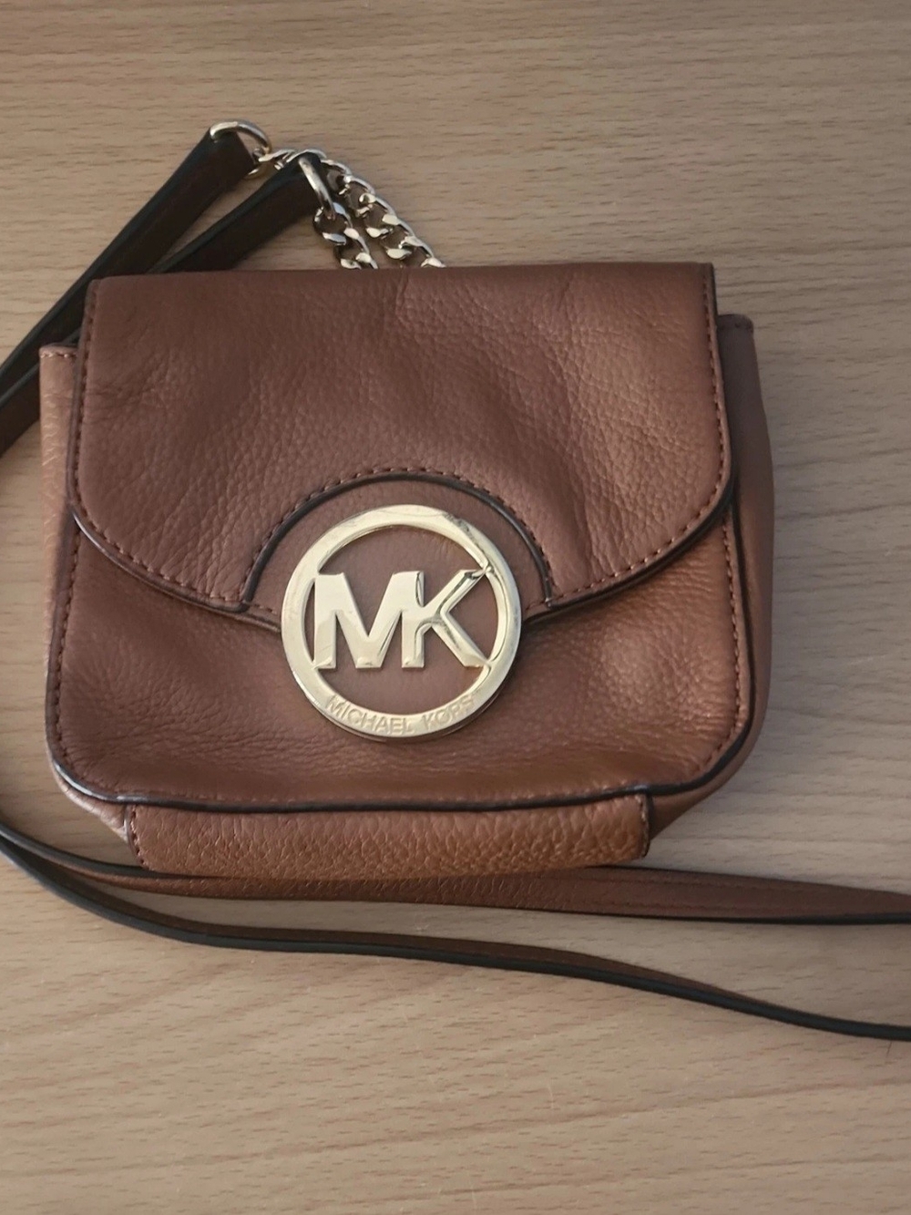 Michael Kors Brown Leather Crossbody with Gold MK Logo